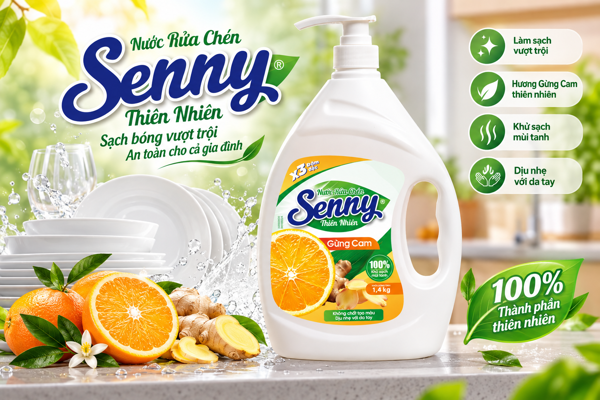 Nước Rửa Chén Senny Gừng Cam 1,4kg – Sạch Bóng Vượt Trội, Khử Mùi Tanh, Dịu Nhẹ Với Da Tay