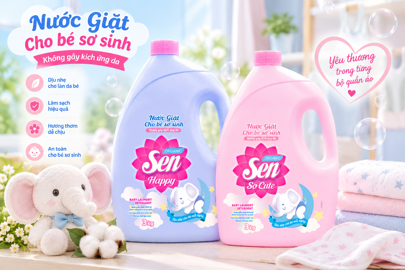 Nước Giặt Cho Bé Sơ Sinh Sen Organic 3kg – Dịu Nhẹ Cho Làn Da Bé, Sạch Thơm Mỗi Ngày
