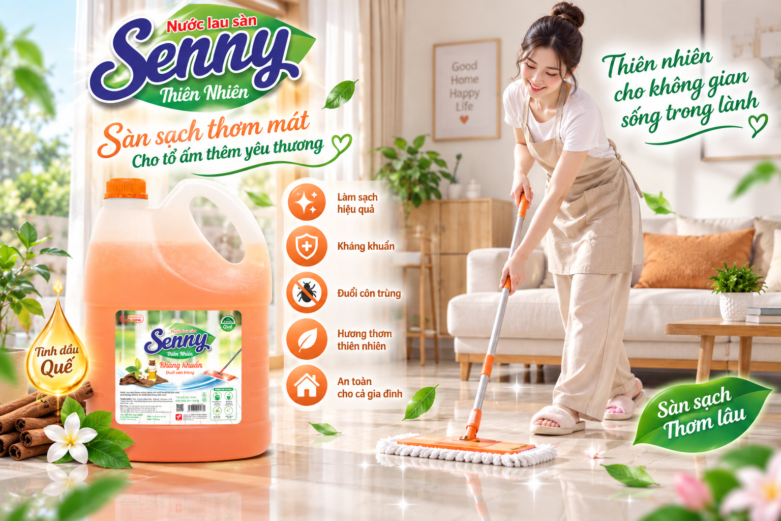 Nước Lau Sàn Senny Thiên Nhiên Hương Quế 3,8kg – Sàn Sạch Thơm Mát, Không Gian Trong Lành